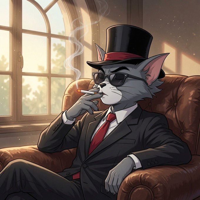 An anime-style illustration shows a gray cat wearing a black suit, red tie, top hat, and sunglasses, smoking a cigar while sitting in a leather armchair.