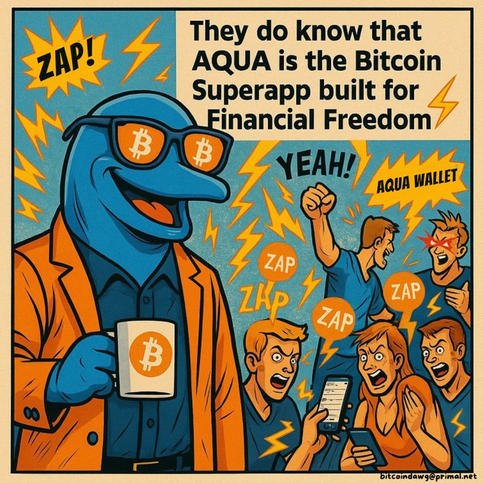A comic-style advertisement promotes AQUA as the Bitcoin Superapp, featuring a dolphin in sunglasses holding a Bitcoin mug while shocked people react with 'ZAP!' and 'AQUA WALLET'.