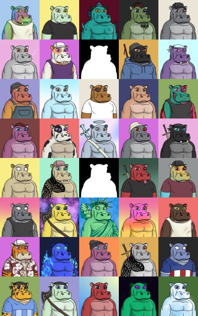 A grid of 40 colorful cartoon hippo NFT characters in various outfits and designs, with some appearing as white silhouettes, representing the "AlgoWatches" collection that quickly sold out, with one custom ticket highlighted by the creator.