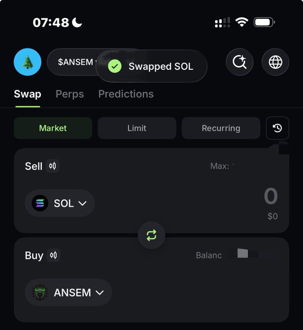 A screenshot of a crypto swap interface on Phantom wallet shows a completed SOL transaction in the amount of $0, with the user browsing a token swap page to trade SOL for $ANSEM, aligning with the post's announcement of buying more $ansem.