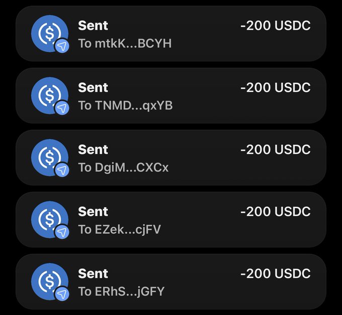 A mobile screen showing five transaction records, each displaying a 'Sent' status with a -200 USDC amount to different wallet addresses (mtkK...BCYH, TNMD...qxYB, DgiM...CXCx, EZek...cjFV, ERhS...jGFY).