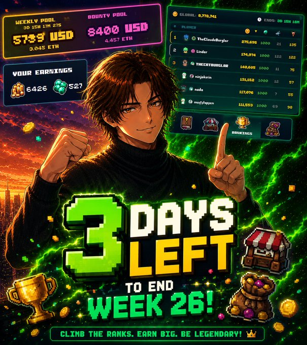 Promotional graphic announcing '3 DAYS LEFT TO END WEEK 26!' featuring an anime-style character pointing upward, with weekly pool prize of 5739 USD (3.045 ETH), bounty pool of 8400 USD (4.457 ETH), player earnings of 6426 and 527, and a leaderboard showing top players like 'TheClaudeBurglar' and 'Linder' with scores reaching 275,098.