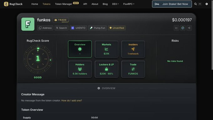 A screenshot of the RugCheck website displaying a token called "funkos" with a price of $0.000197, showing a RugCheck Score of 1 (GOOD), Overview, Markets ($31K), Insiders (1 network), Holders (6.5K), Lockers & LP ($20K : 68%), and Trade information.