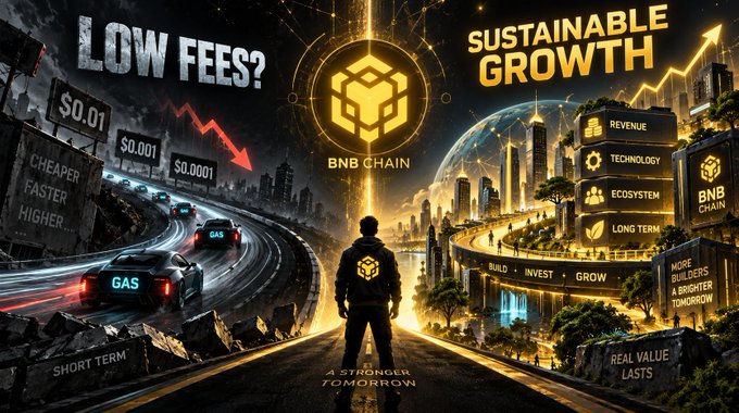 A digital promotional graphic contrasting 'LOW FEES' with a declining red graph against 'SUSTAINABLE GROWTH' with an ascending gold graph, featuring the BNB Chain logo and text like 'CHEAPER FASTER HIGHER' and 'BUILD INVEST GROW'.