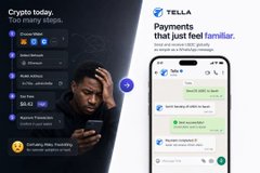 A Tello Mobile advertisement showing a person looking frustrated at their phone alongside the slogan 'Payments that just feel familiar' and a crypto today list displaying Bitcoin, Solana, Ethereum, BNB, and XRP prices.
