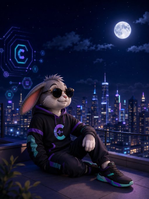 An anthropomorphic rabbit wearing sunglasses and a black and purple tracksuit sits on a rooftop with a futuristic city skyline and full moon in the background, accompanied by floating holographic hexagons displaying a 'C' logo.