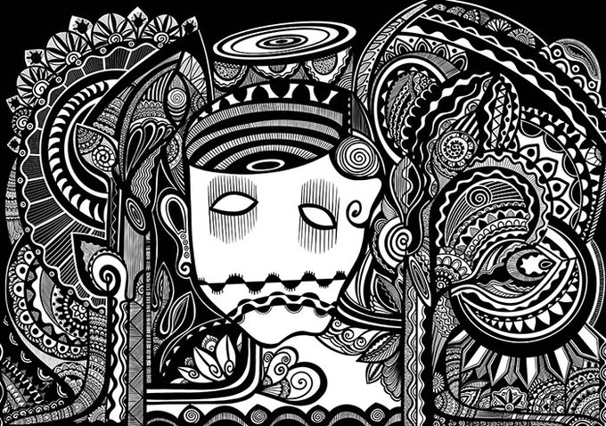 An intricate black and white pen-and-ink illustration featuring a stylized central face with closed eyes surrounded by elaborate paisley patterns, swirls, feathers, and eye motifs.