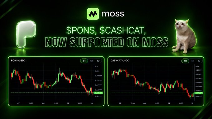 A promotional graphic for the Moss crypto wallet showing support for $PONS and $CASHCAT tokens, with price charts displayed below.