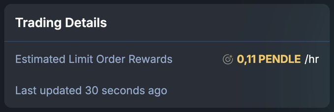 A dark UI panel showing 'Trading Details' with 'Estimated Limit Order Rewards' of 0.11 PENDLE/hr, last updated 30 seconds ago.