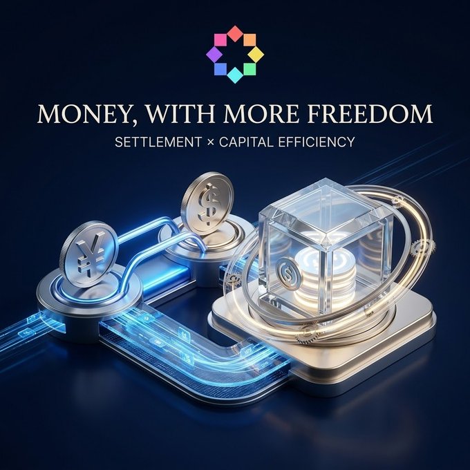 Promotional image reading "MONEY, WITH MORE FREEDOM - SETTLEMENT x CAPITAL EFFICIENCY," featuring 3D renderings of coins (Dollar, Yen, Bitcoin) flowing into a glass vault.