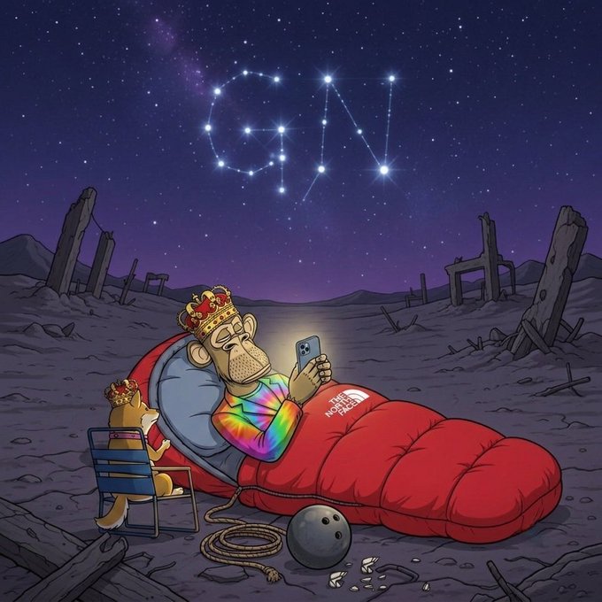 An illustration of a monkey wearing a crown and a tie-dye shirt with a North Face sleeping bag, lying in a desolate wasteland and looking at a smartphone, with a smaller crowned dog nearby and a constellation forming the letters 'CZ' in the night sky.