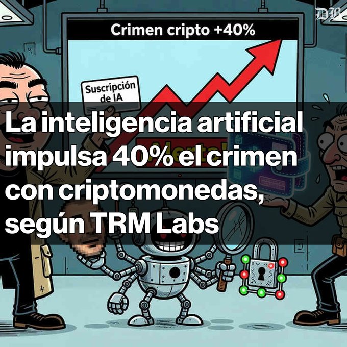 The image is a Spanish-language infographic illustrating the rise of AI-driven crypto crime, featuring cartoon characters surrounding a robot holding crypto-related items, with a prominent "Crimen cripto +40%" chart showing an upward red arrow, and a headline reading "La inteligencia artificial impulsa 40% el crimen con criptomonedas, según TRM Labs" alongside a label "Suscripción de IA."