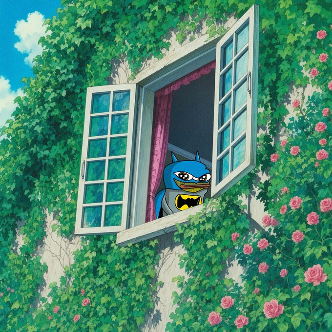 An anime-style illustration shows a character wearing a Batman cowl peeking out from an ivy-covered window framed by pink roses.
