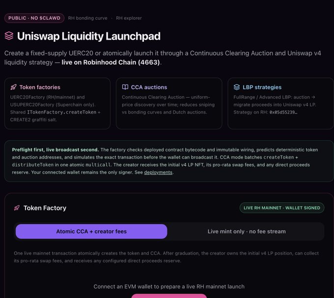 A webpage titled 'Uniswap Liquidity Launchpad' marked 'PUBLIC · NO $CLAWD' with tabs for 'RH bonding curve' and 'RH explorer', describing the creation of a fixed-supply UERC20 or atomic launch via Continuous Clearing Auction on Robinhood Chain (4663), with sections for Token factories, CCA auctions, and LBP strategies.