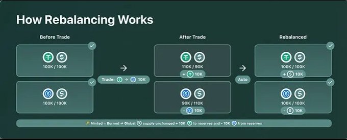 A diagram titled 'How Rebalancing Works' illustrates a three-step process showing how trade and auto features transfer 10K tokens between T and S assets to achieve a balanced 100K/100K distribution.