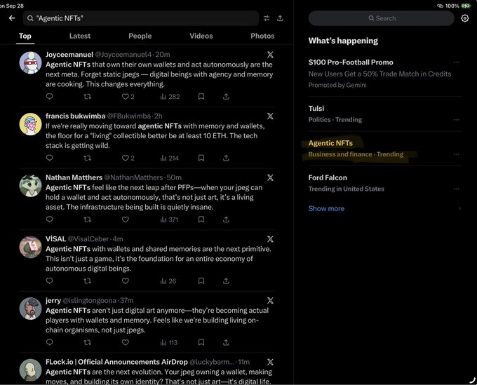A Twitter search page for 'Agentic NFTs' displaying posts discussing autonomous digital beings with wallets and memory.