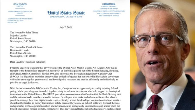 Senator Ron Wyden is pictured here in relation to his letter dated July 7, 2026, urging Senators Thune and Schumer to preserve key crypto developer protections in the $30 trillion CLARITY Act.