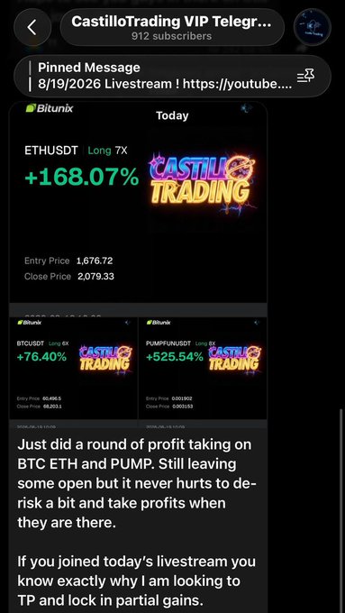 A Telegram post from "CastilloTrading VIP" showcasing trade results on Bitunix, including ETHUSDT +168.07%, BTCUSDT +76.40%, and PUMPUSDT +525.54%, with the caption explaining that profits were secured on BTC, ETH, and PUMP while promoting the VIP channel for free access.
