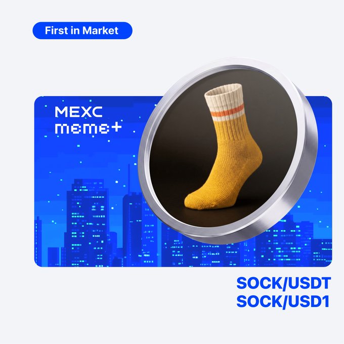 A MEXC meme+ listing graphic showing a yellow sock with red and white stripes, labeled "First in Market" with trading pairs "SOCK/USDT" and "SOCK/USD1".