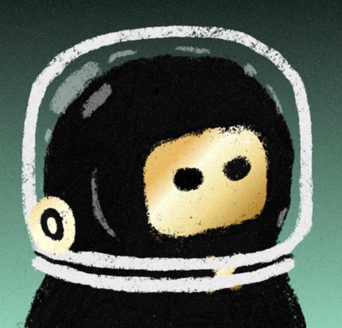 A chalk-style illustration of a figure wearing a black spacesuit and clear helmet against a green background.