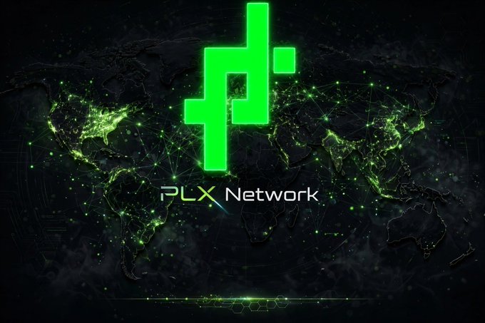 The image displays the "PLX Network" logo—a stylized green "P" emblem—overlaid on a digital world map illuminated by interconnected green nodes and lines, symbolizing global connectivity. The visual reinforces the post's message of worldwide crypto adoption, positioning PLX Network as a node within the emerging global financial ecosystem.