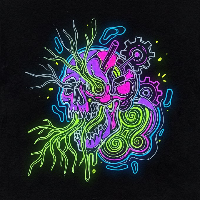 A neon-style illustration of a colorful skull with green roots, pink brain matter, and mechanical gears against a black background.