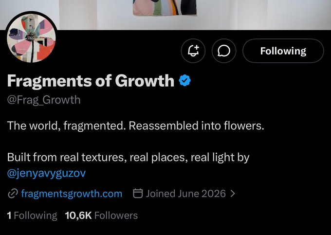 This is the Twitter profile for "Fragments of Growth" (@Frag_Growth), an NFT art project by @jenyavyguzov. The profile boasts 10.6K followers and states the art is "Built from real textures, real places, real light."
