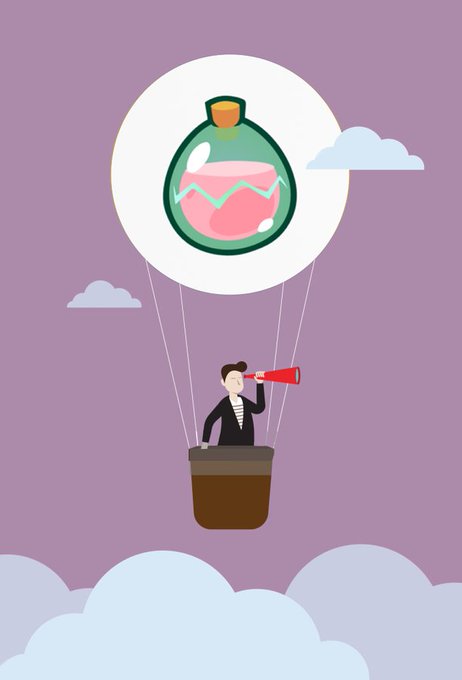 A flat-design illustration of a businessman in a hot air balloon basket using a red megaphone, with the balloon itself designed to look like a potion bottle containing pink liquid.