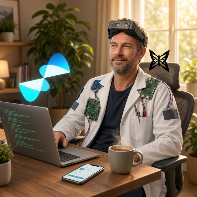 A relaxed developer in a lab coat with circuit boards and a futuristic VR-style headset sits at a desk coding on a laptop displaying green terminal text, sipping a steaming coffee beside a smartphone, with a glowing blue abstract icon and a black butterfly-like emblem floating nearby — visually capturing the "whitepaper refresh," "Quip account Season 4 board," and "paper swap on Base" themes from the post.