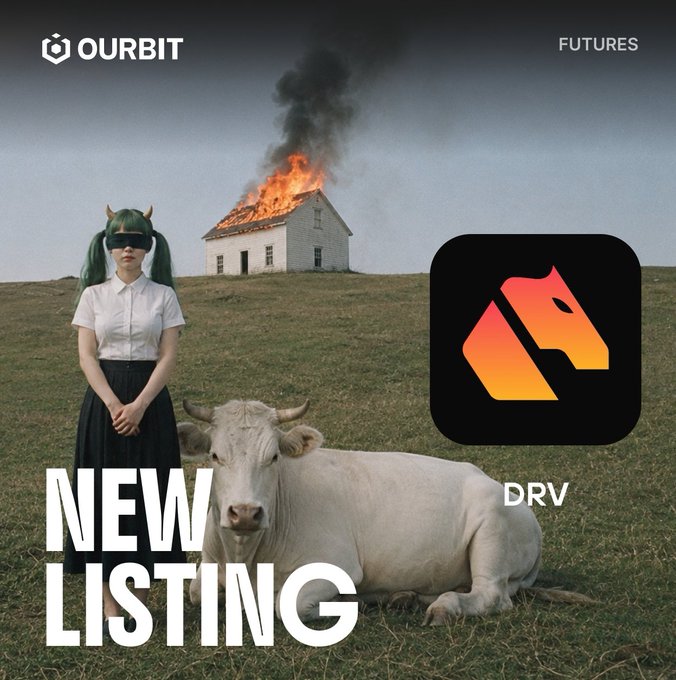 The image is a promotional graphic from Ourbit announcing a "NEW LISTING" for futures trading of the "DRV" token, featuring a surreal scene of a woman in a schoolgirl outfit with horns and VR goggles standing in a grassy field next to a white cow, with a burning house in the background and the DRV coin logo displayed prominently.