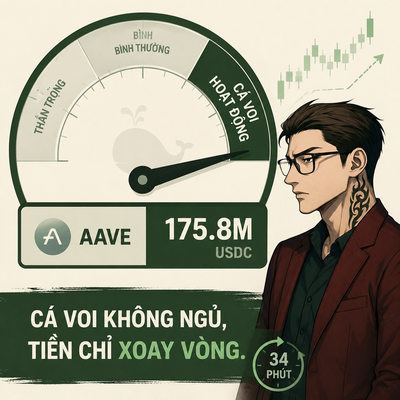A Vietnamese cryptocurrency graphic featuring a cartoon man with glasses and tattoos, a whale-themed gauge pointing to "CÁ VỐN HOẠT ĐỘNG," AAVE token showing 175.8M USDC, and the text "CÁ VOI KHÔNG NGỦ, TIỀN CHỈ XOAY VÒNG" (Whales don't sleep, money just revolves) over 34 minutes.