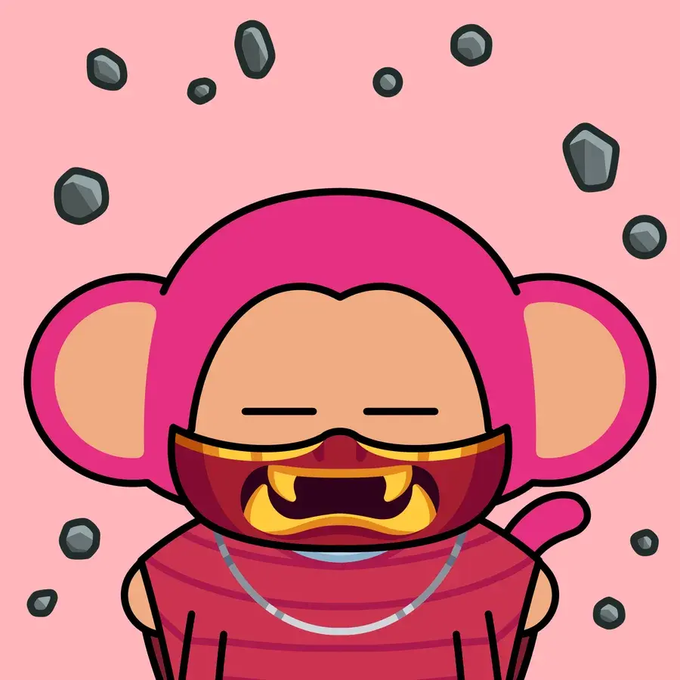 A digital illustration of a Bored Ape-style character wearing pink, gold-rimmed sunglasses and a silver chain necklace, set against a pink background with floating grey stones.