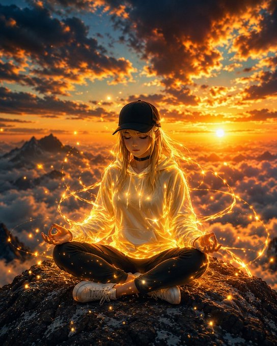 A young woman wearing a hoodie and cap sits in a meditative lotus pose on a rocky peak above the clouds at sunset, surrounded by glowing golden energy rings and particles.