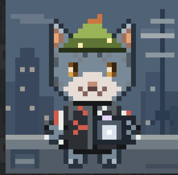 A pixel art illustration of an anthropomorphic animal character wearing a green hat with an orange carrot-like detail and a dark outfit, standing against a dark cityscape background.