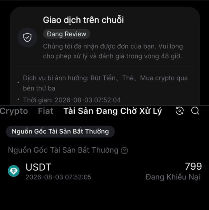 A Vietnamese-language cryptocurrency transaction review notification from Gate.io showing an order for 799 USDT under review due to unusual asset source, dated 2026-08-03.