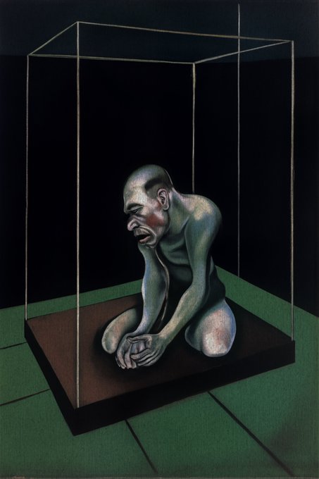 A painting of a naked, hunched figure sitting in a glass cage on a brown platform over a green floor, against a dark background.