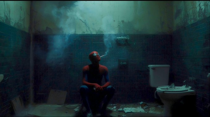 A moody, atmospheric illustration of Spider-Man in his suit sitting in a grimy tiled bathroom, smoking a cigarette amid swirling smoke.