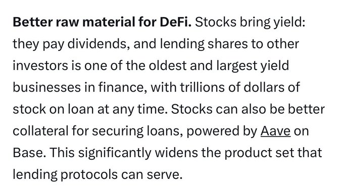 A text excerpt highlighting that stocks are a superior raw material for DeFi, emphasizing their dividend yield, trillion-dollar stock lending market, and improved collateral utility—tied to the post's announcement of tokenized stocks on Base via Aave.