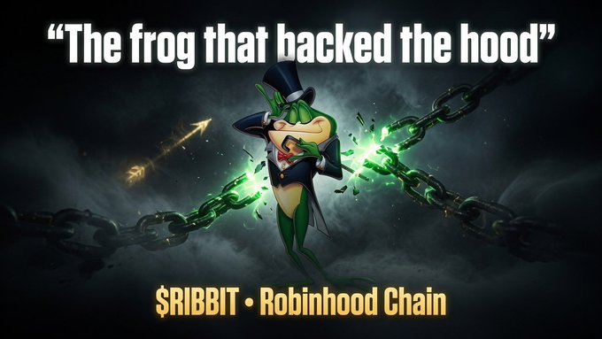 A meme featuring a muscular, sharply dressed green frog in a top hat and suit breaking chains amid green energy, with the tagline "The frog that backed the hood" and "$RIBBIT • Robinhood Chain" beneath, playing on the post's wordplay linking Ribbit Capital to the $RIBBIT token on the Robinhood chain.