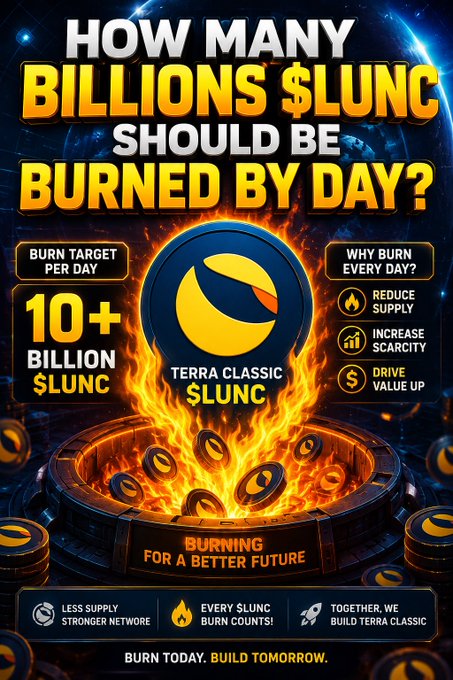 A promotional image for Terra Classic ($LUNC) coin burning campaign titled 'HOW MANY BILLIONS $LUNC SHOULD BE BURNED BY DAY?' targeting 10+ billion $LUNC burn per day to reduce supply and drive value up.