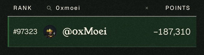 A leaderboard entry shows the user "Oxmoei" ranked #97323 and holding a negative balance of -187,310 points, suggesting they owe points back to the platform. This aligns with the post "guess I owe the project now," humorously acknowledging the visible debt on their account.