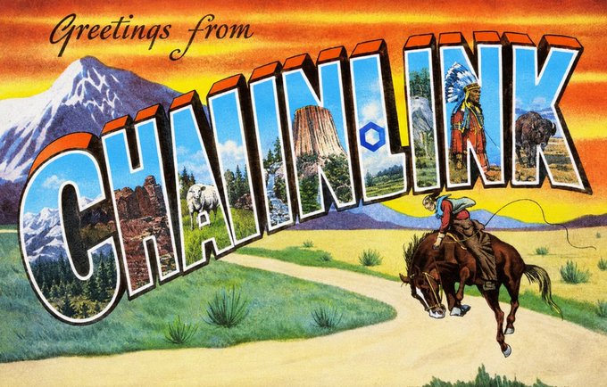 A retro-style 'Greetings from CHIMLINK' (Chainlink) postcard featuring mountain landscapes, a Native American chief, a buffalo, and a cowboy on a bucking horse.