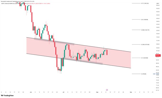 A TradingView financial chart for Meta (META) on NASDAQ displaying candlestick patterns within a descending channel, with Fibonacci retracement levels marked on the right axis.