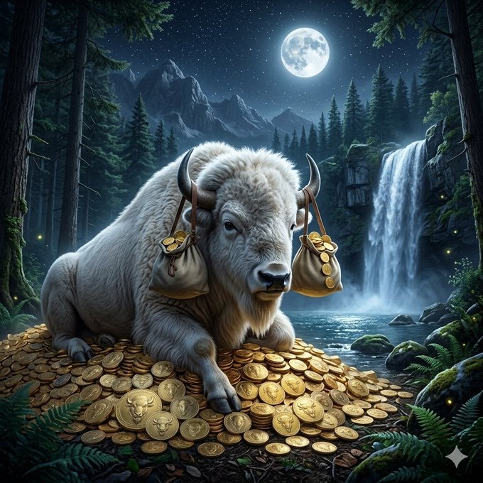 A fantasy illustration of a large white bull with bags of gold coins slung over its horns, resting on a massive pile of gold coins in a moonlit forest with mountains and a waterfall in the background.