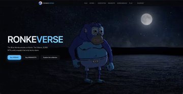 A website screenshot with 'RONKEVERSE' text and 'A digital world by Colle AI' displayed next to a purple cartoon character against a moonlit night background.