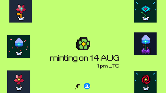 A pixel art NFT minting announcement on a green background displays "minting on 14 AUG, 1pm UTC" with mushroom and flower character designs, likely promoting a limited whitelist of 46 spots that the poster is distributing to active community members before the public launch.