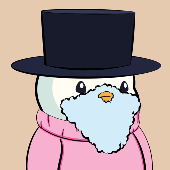 This image depicts Pudgy Penguin #7568, wearing a top hat and a pink sweater, and sporting a light blue beard.