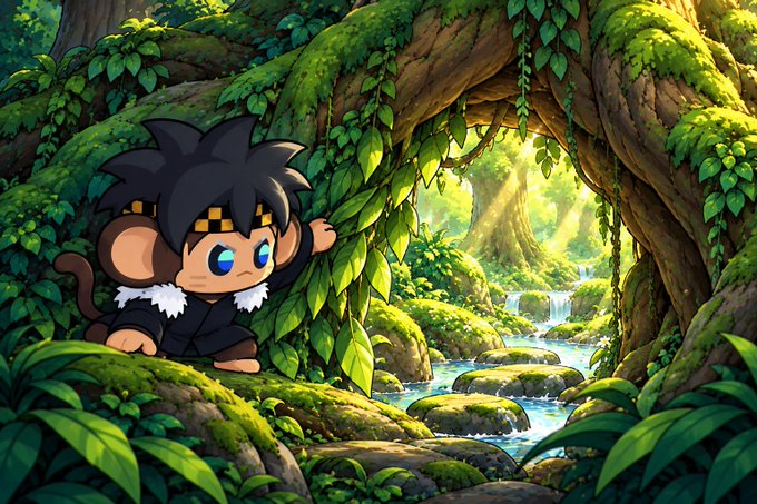 A cartoon monkey character with spiky black hair sits in a lush, moss-covered forest with a stream and waterfall visible through an archway of vines.