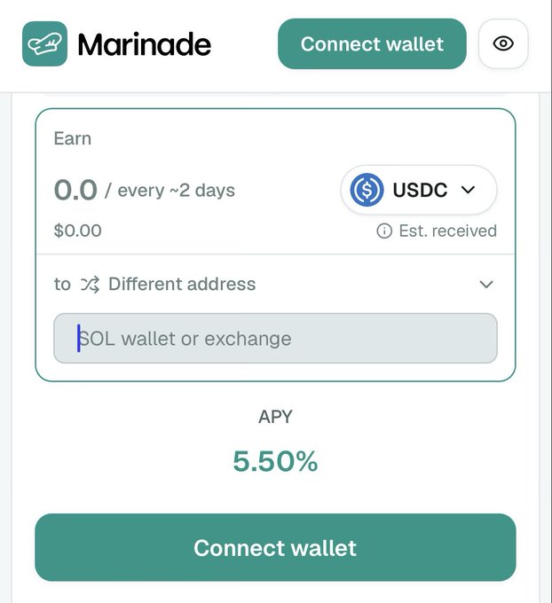 Screenshot of the Marinade Finance interface showing a USDC earn option with a 5.50% APY and a "Connect wallet" button.
