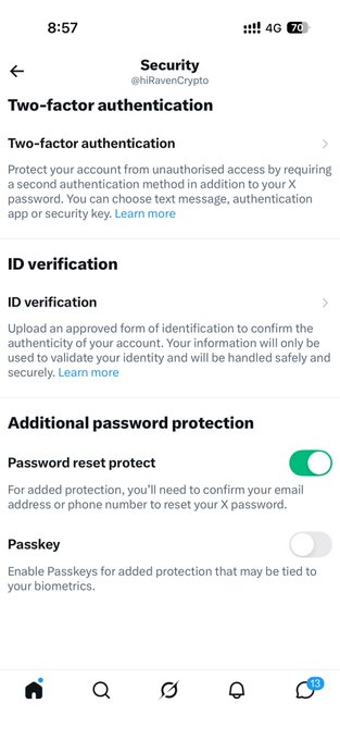 A mobile screenshot of X (formerly Twitter) Security settings for @hiRavenCrypto, showing options for Two-factor authentication, ID verification, and Additional password protection with Password reset protect toggled on.